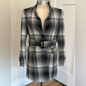Tahari Black and Gray Plaid Pea Coat Jacket